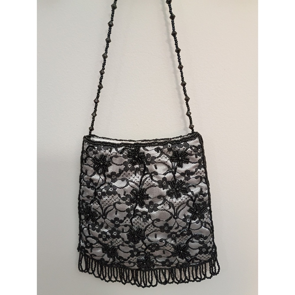 Vintage Style Black Lace Beaded Evening Bag Silver Satin Floral Fringe Purse